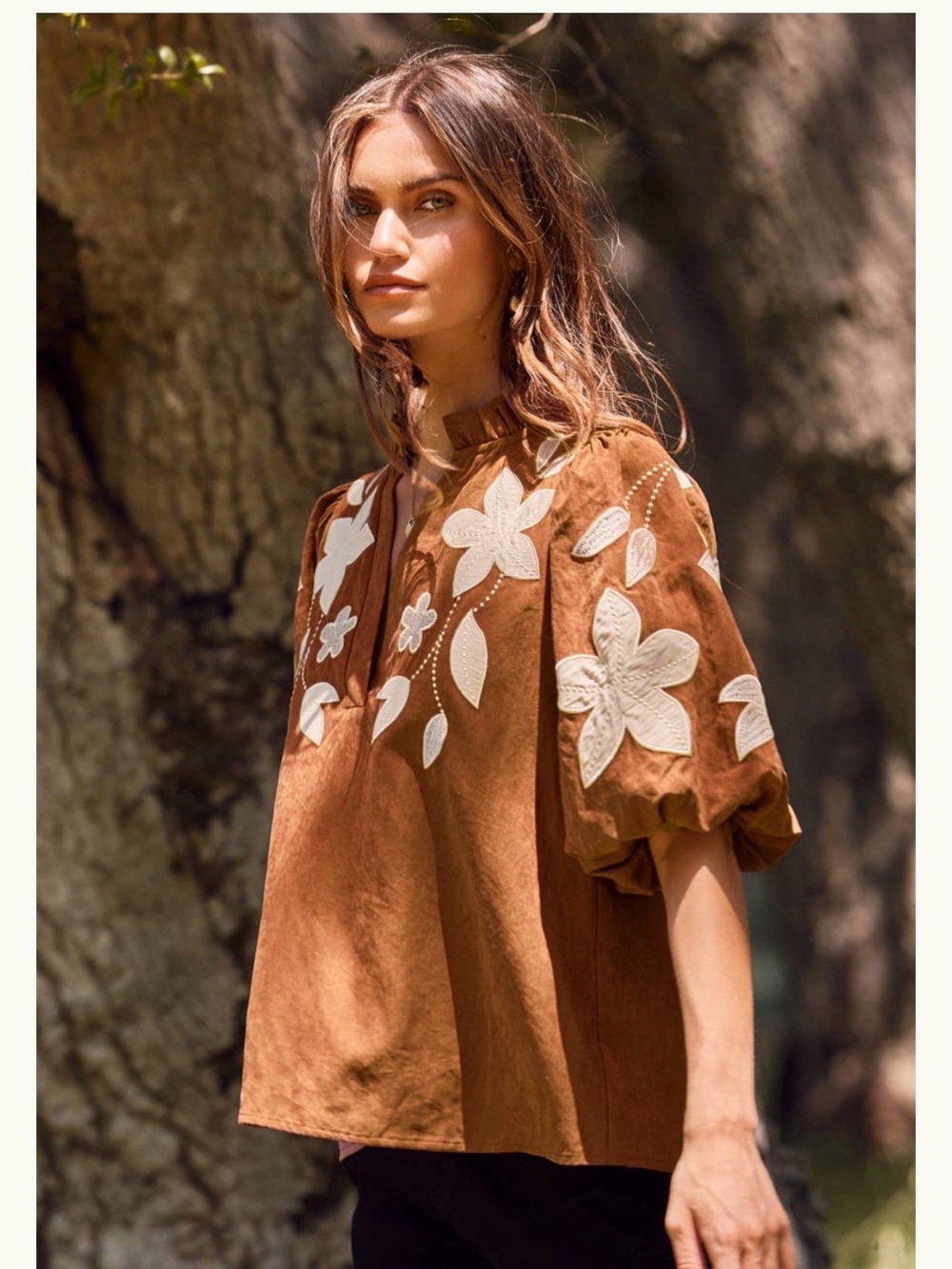 Women's Brown Embroidered Puff-Sleeve Blouse with Cream Floral Detail